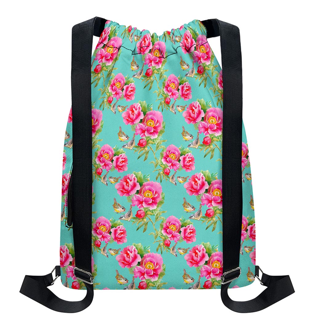 Bird Pink Floral Flower Pattern Print Drawstring Backpack