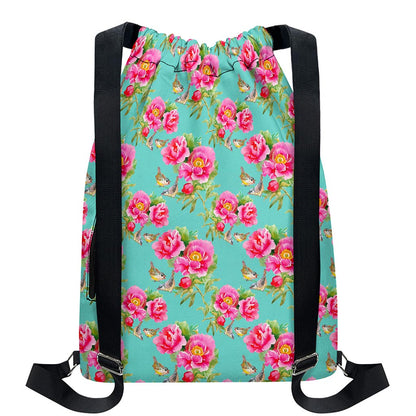 Bird Pink Floral Flower Pattern Print Drawstring Backpack