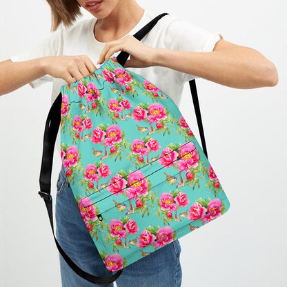 Bird Pink Floral Flower Pattern Print Drawstring Backpack