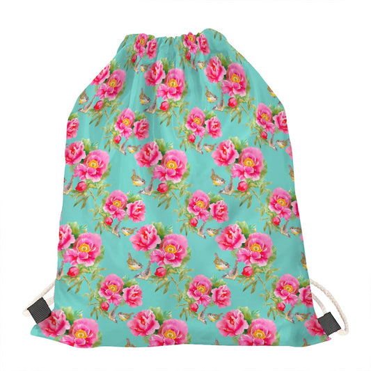 Bird Pink Floral Flower Pattern Print Drawstring Bag