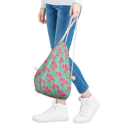 Bird Pink Floral Flower Pattern Print Drawstring Bag