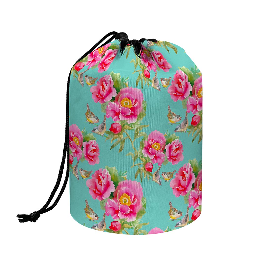 Bird Pink Floral Flower Pattern Print Drawstring Makeup Bag