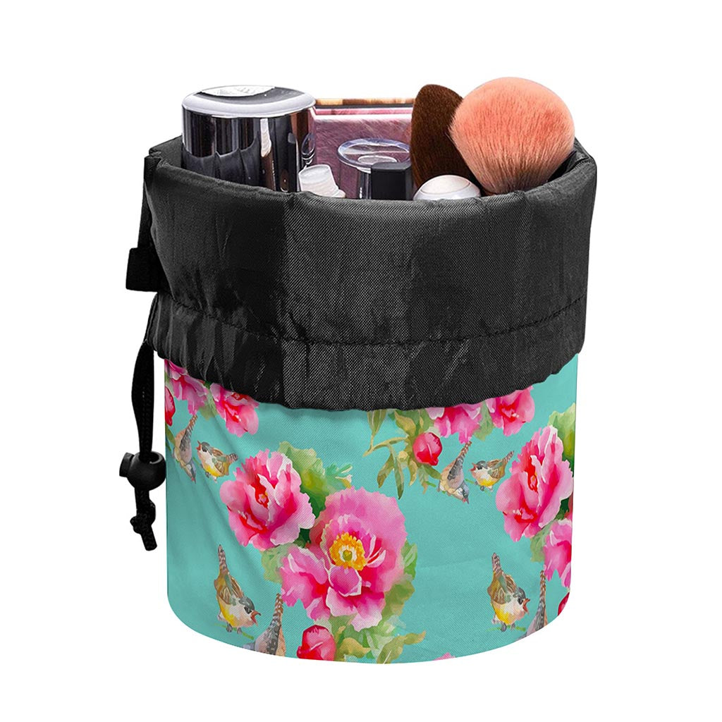 Bird Pink Floral Flower Pattern Print Drawstring Makeup Bag