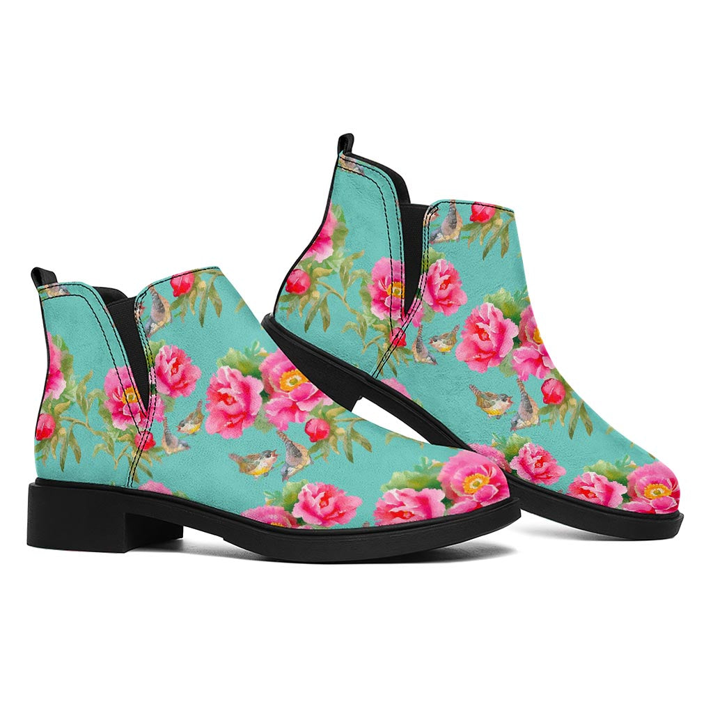 Bird Pink Floral Flower Pattern Print Flat Ankle Boots