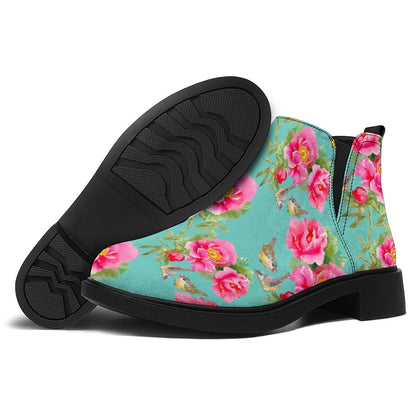 Bird Pink Floral Flower Pattern Print Flat Ankle Boots