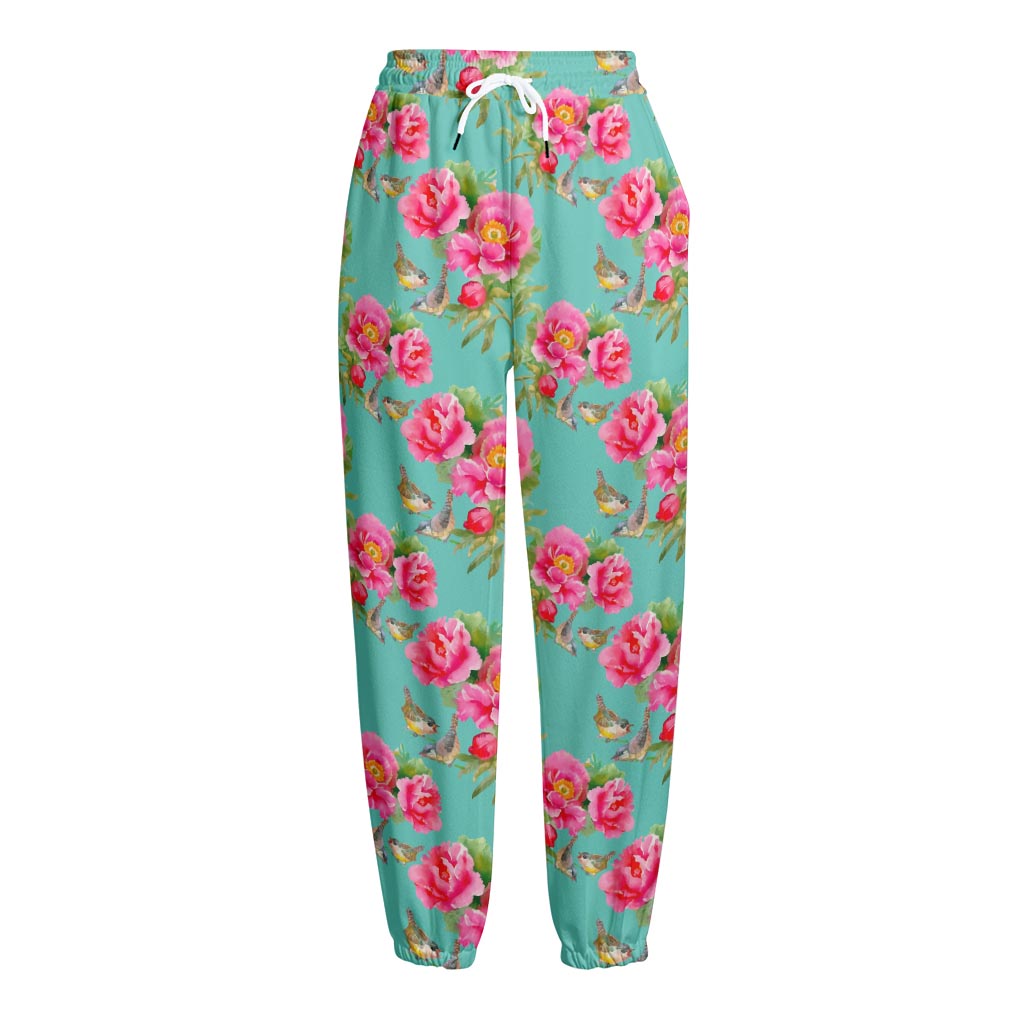 Bird Pink Floral Flower Pattern Print Fleece Lined Knit Pants
