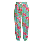 Bird Pink Floral Flower Pattern Print Fleece Lined Knit Pants