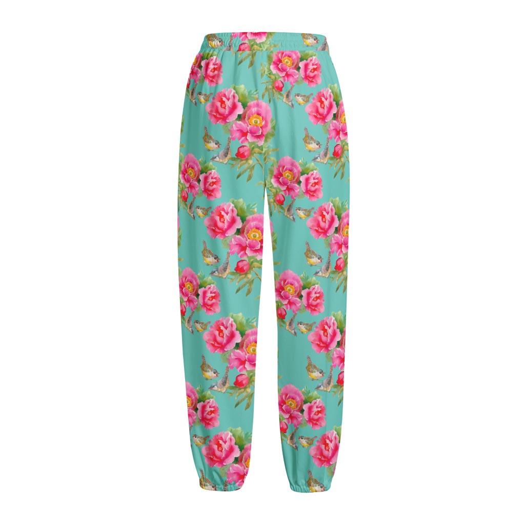 Bird Pink Floral Flower Pattern Print Fleece Lined Knit Pants