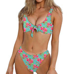 Bird Pink Floral Flower Pattern Print Front Bow Tie Bikini