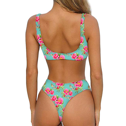 Bird Pink Floral Flower Pattern Print Front Bow Tie Bikini
