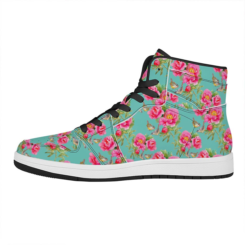 Bird Pink Floral Flower Pattern Print High Top Leather Sneakers