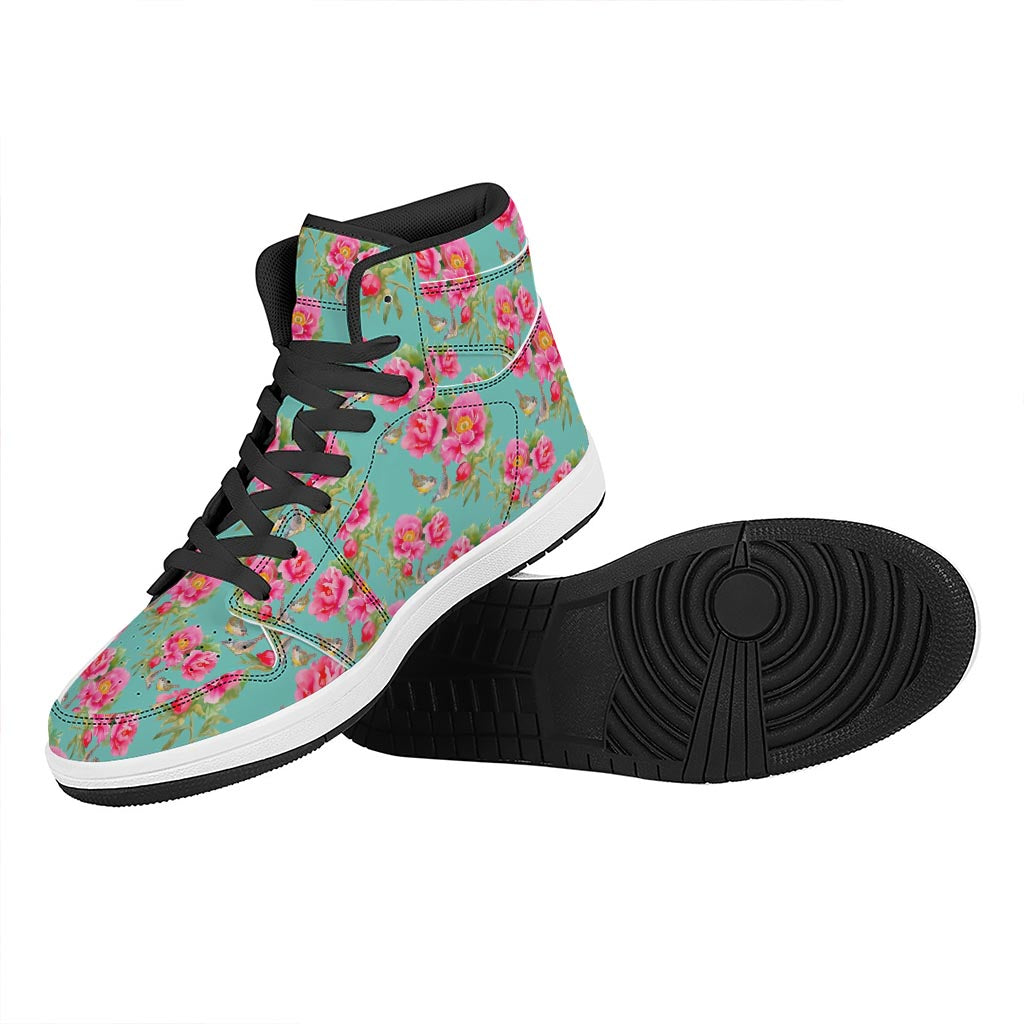 Bird Pink Floral Flower Pattern Print High Top Leather Sneakers