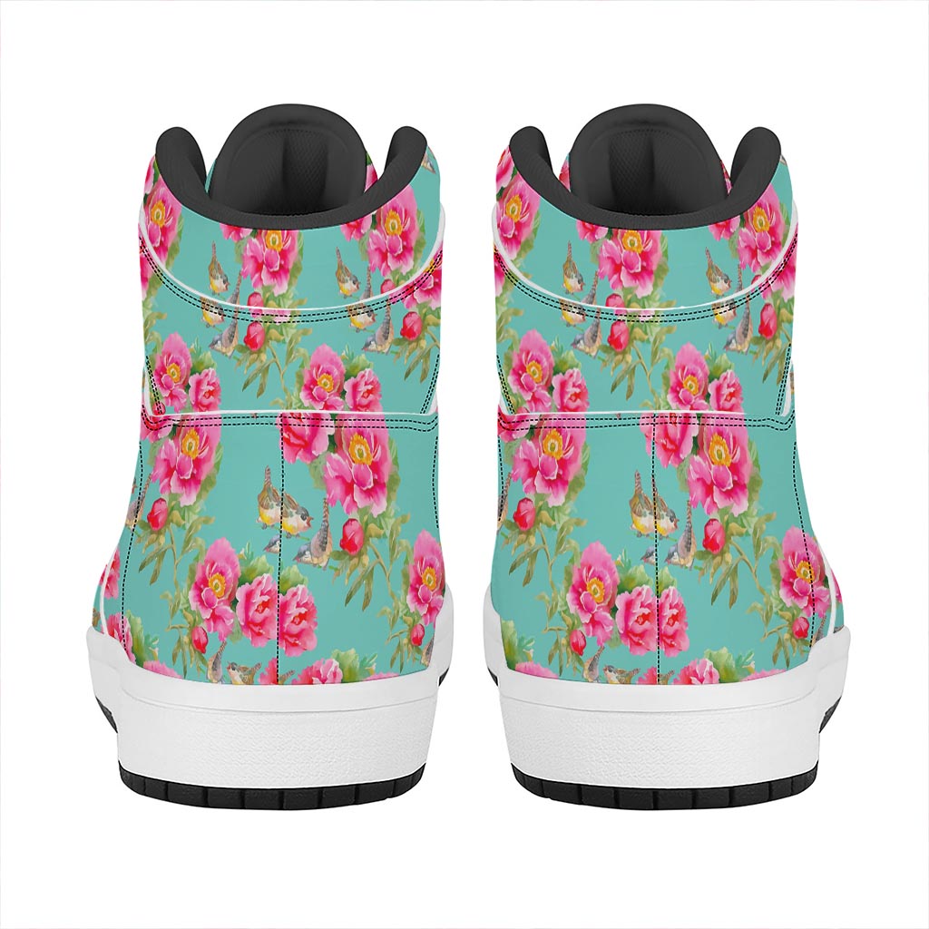 Bird Pink Floral Flower Pattern Print High Top Leather Sneakers