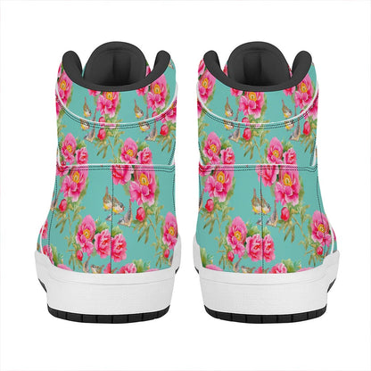 Bird Pink Floral Flower Pattern Print High Top Leather Sneakers
