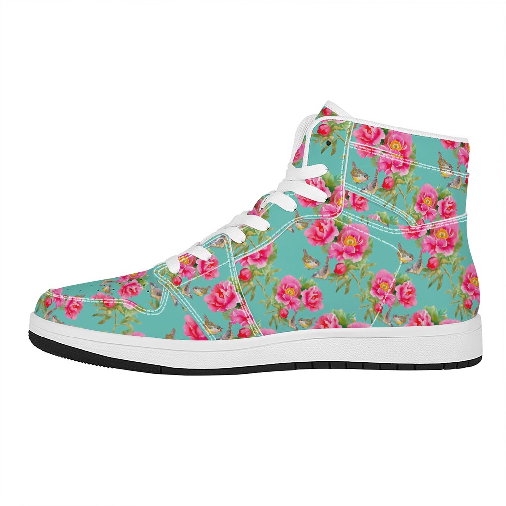 Bird Pink Floral Flower Pattern Print High Top Leather Sneakers