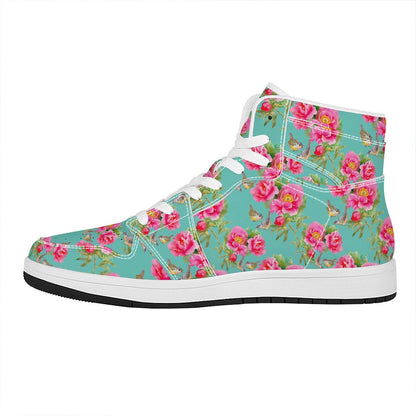 Bird Pink Floral Flower Pattern Print High Top Leather Sneakers