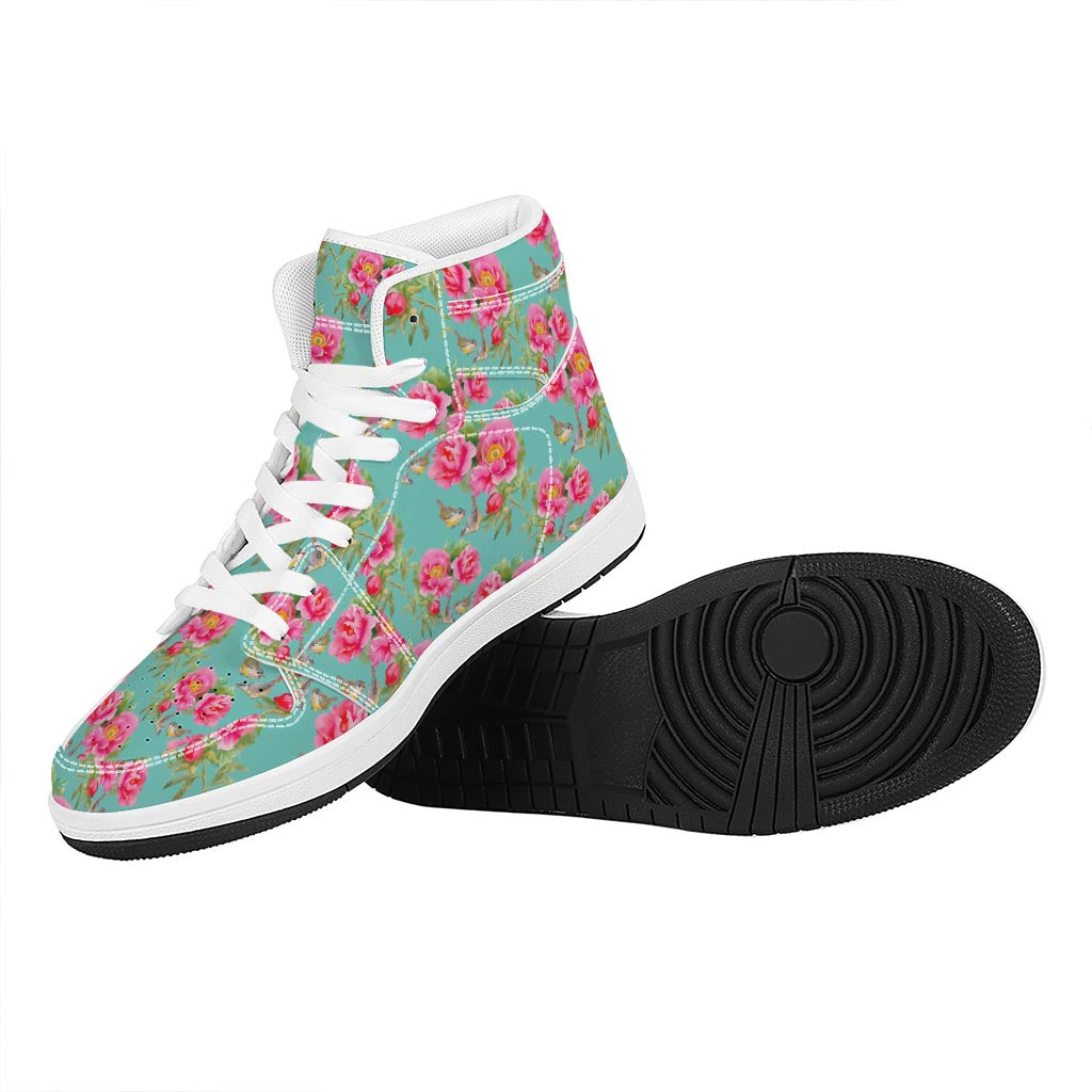 Bird Pink Floral Flower Pattern Print High Top Leather Sneakers