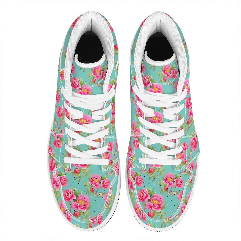 Bird Pink Floral Flower Pattern Print High Top Leather Sneakers