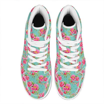 Bird Pink Floral Flower Pattern Print High Top Leather Sneakers