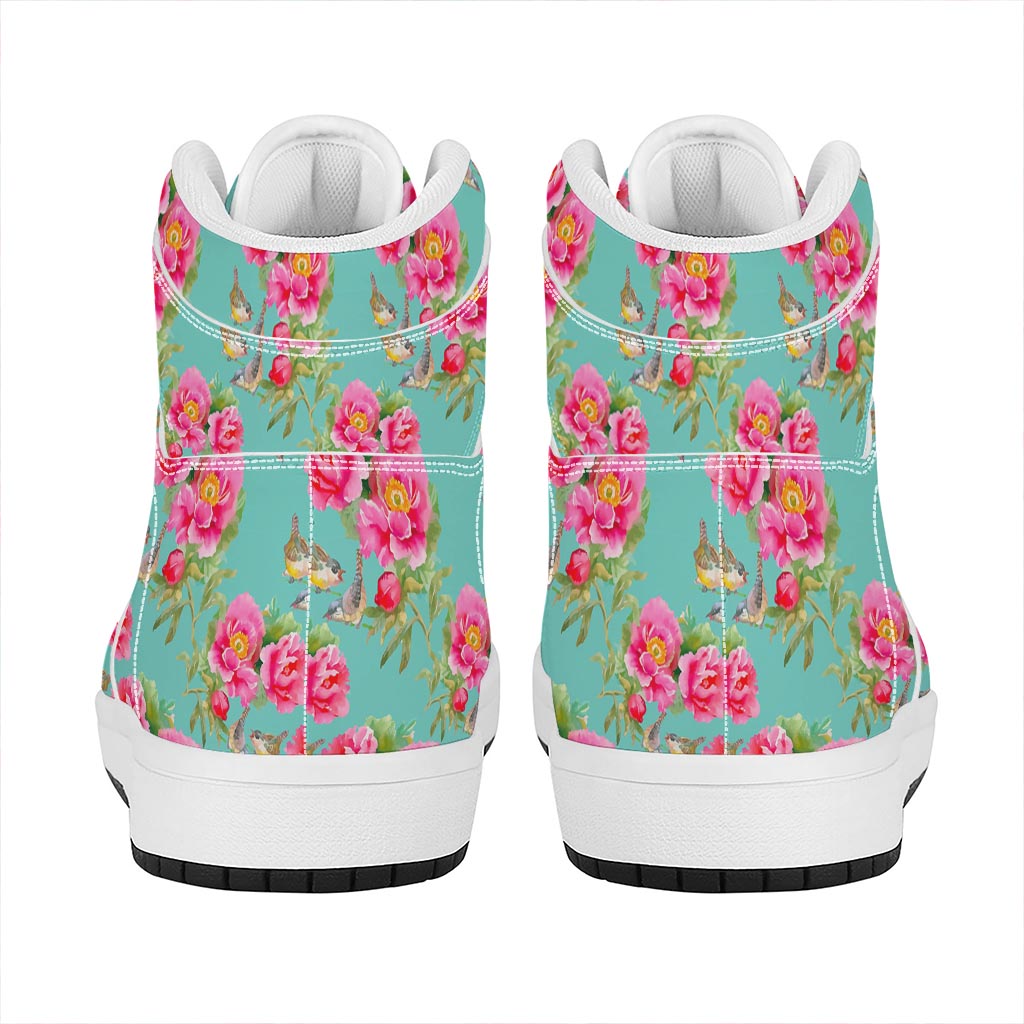 Bird Pink Floral Flower Pattern Print High Top Leather Sneakers
