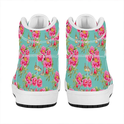 Bird Pink Floral Flower Pattern Print High Top Leather Sneakers