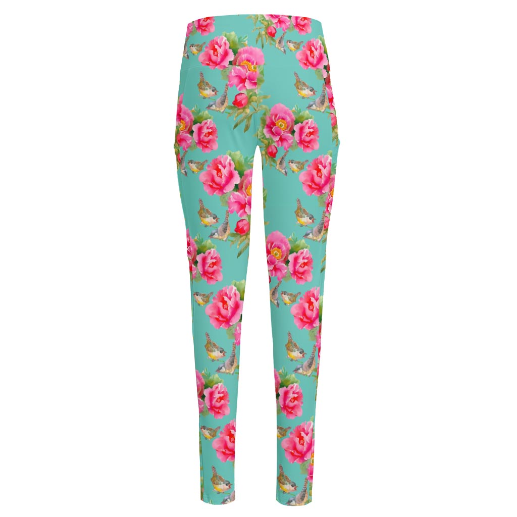 Bird Pink Floral Flower Pattern Print High-Waisted Pocket Leggings