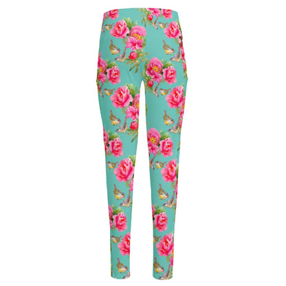Bird Pink Floral Flower Pattern Print High-Waisted Pocket Leggings