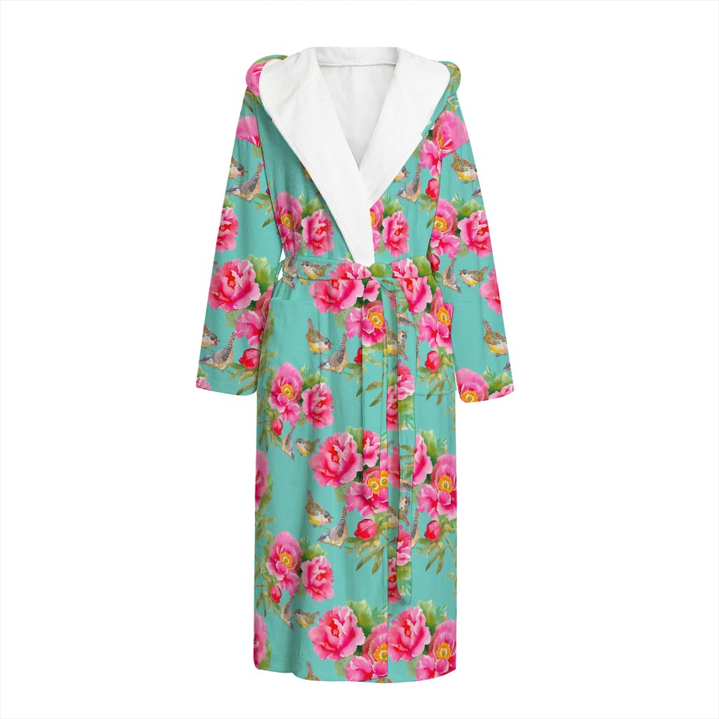 Bird Pink Floral Flower Pattern Print Hooded Bathrobe