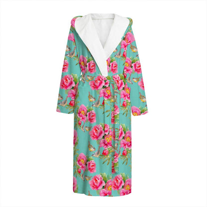 Bird Pink Floral Flower Pattern Print Hooded Bathrobe