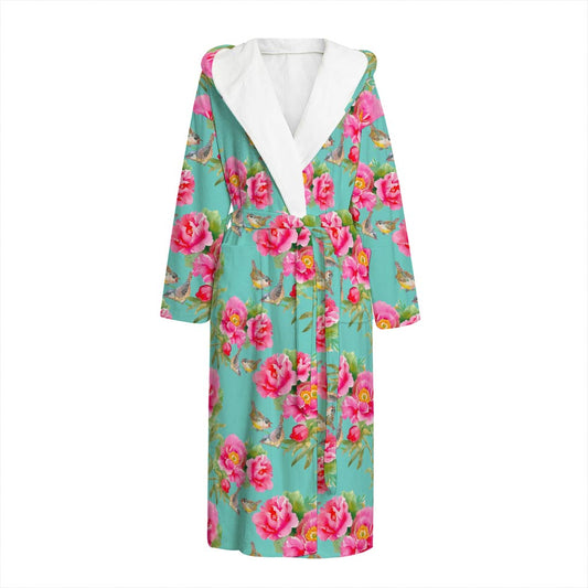 Bird Pink Floral Flower Pattern Print Hooded Bathrobe