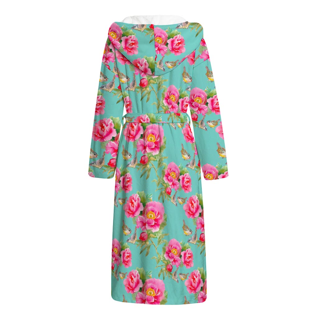 Bird Pink Floral Flower Pattern Print Hooded Bathrobe