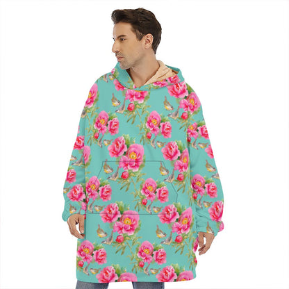 Bird Pink Floral Flower Pattern Print Hoodie Blanket