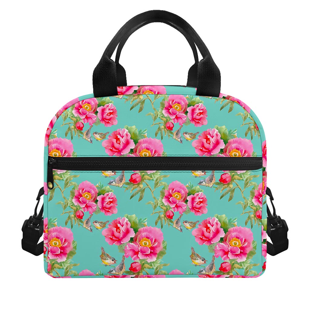Bird Pink Floral Flower Pattern Print Insulated Lunch Bag