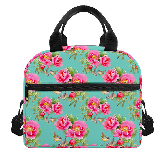 Bird Pink Floral Flower Pattern Print Insulated Lunch Bag