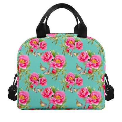 Bird Pink Floral Flower Pattern Print Insulated Lunch Bag