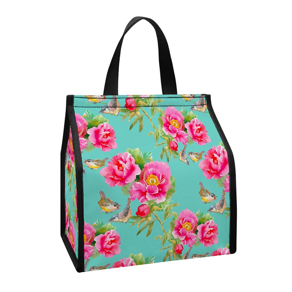 Bird Pink Floral Flower Pattern Print Insulated Lunch Tote