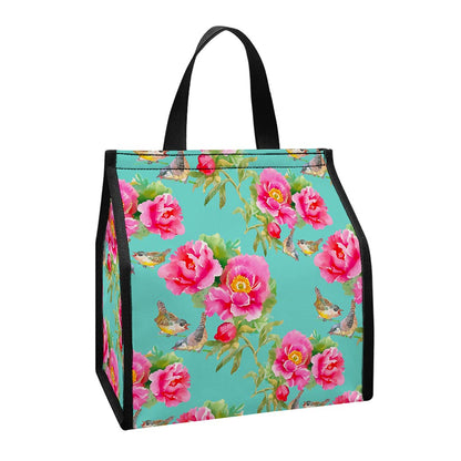 Bird Pink Floral Flower Pattern Print Insulated Lunch Tote