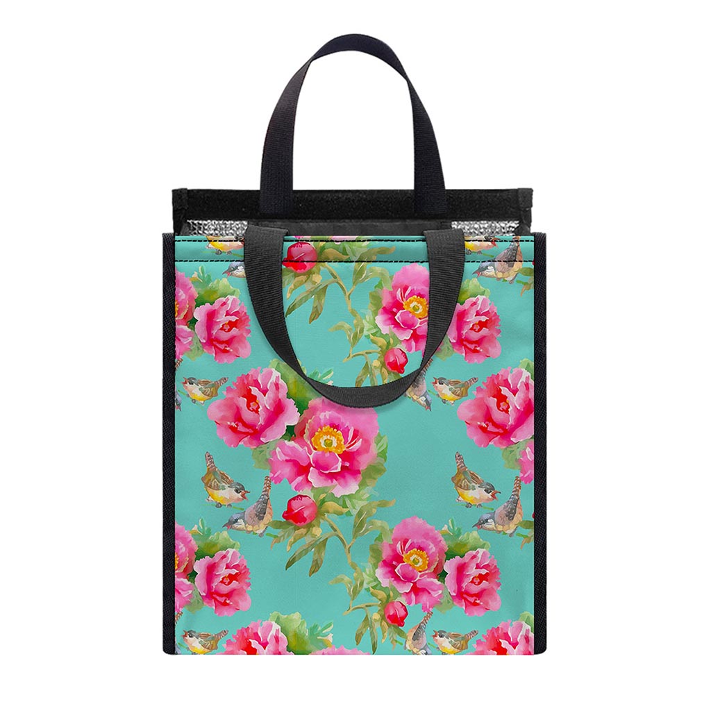 Bird Pink Floral Flower Pattern Print Insulated Lunch Tote