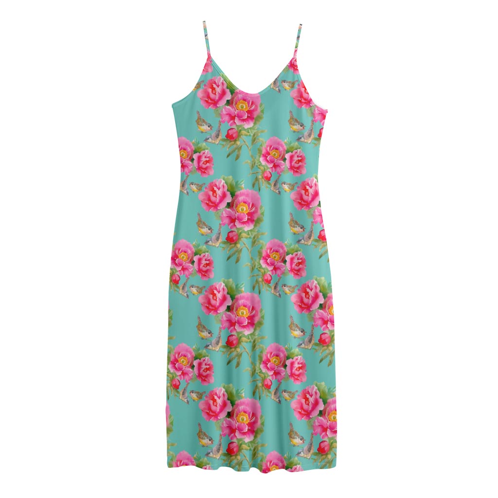 Bird Pink Floral Flower Pattern Print Jersey Midi Cami Dress