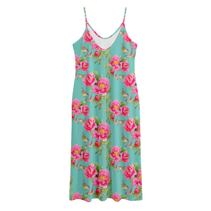 Bird Pink Floral Flower Pattern Print Jersey Midi Cami Dress