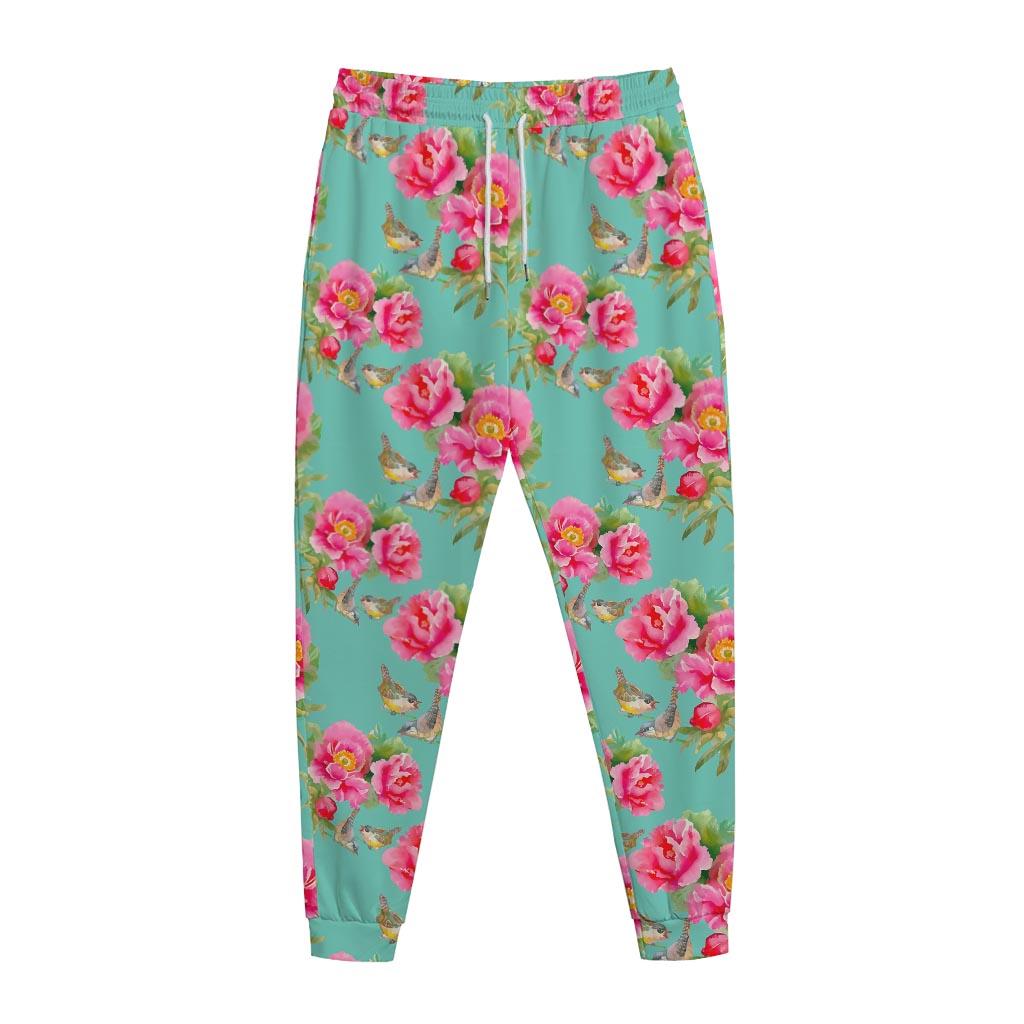 Bird Pink Floral Flower Pattern Print Jogger Pants