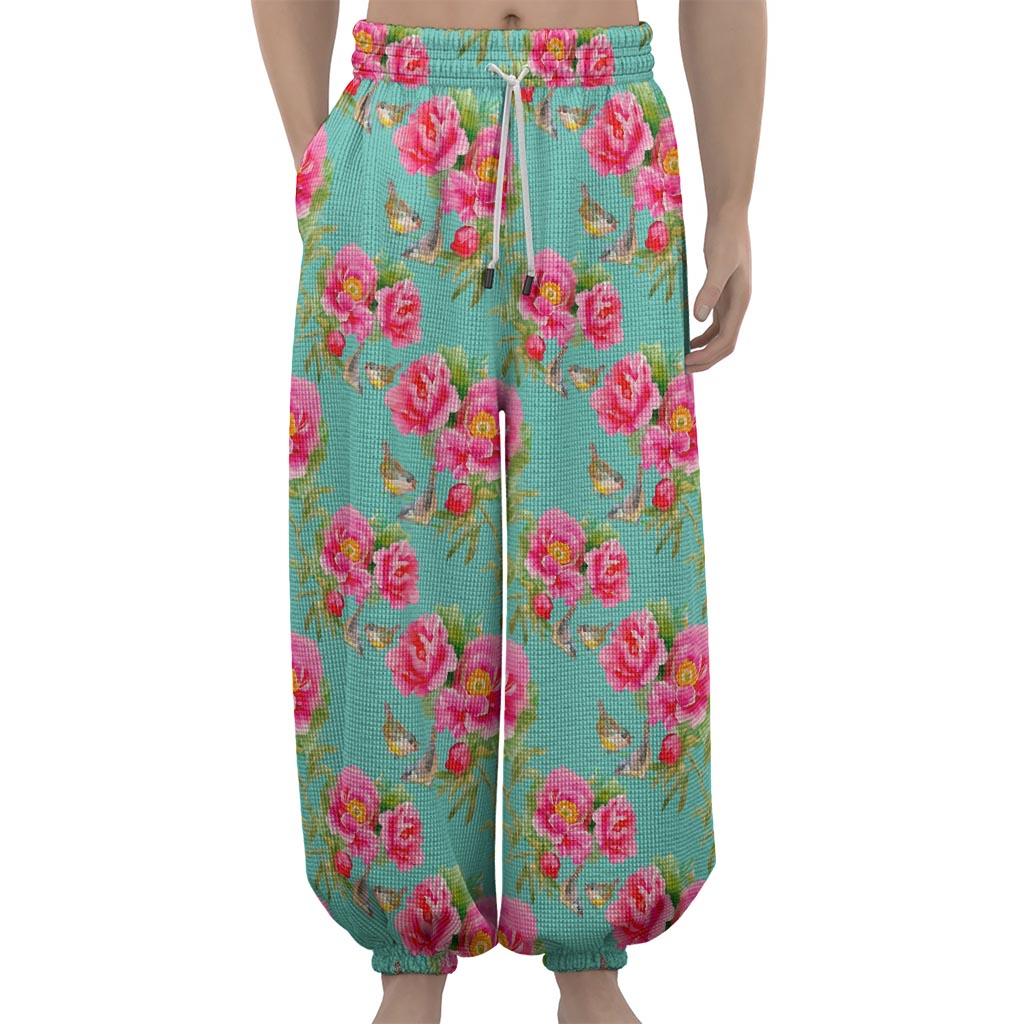 Bird Pink Floral Flower Pattern Print Lantern Pants