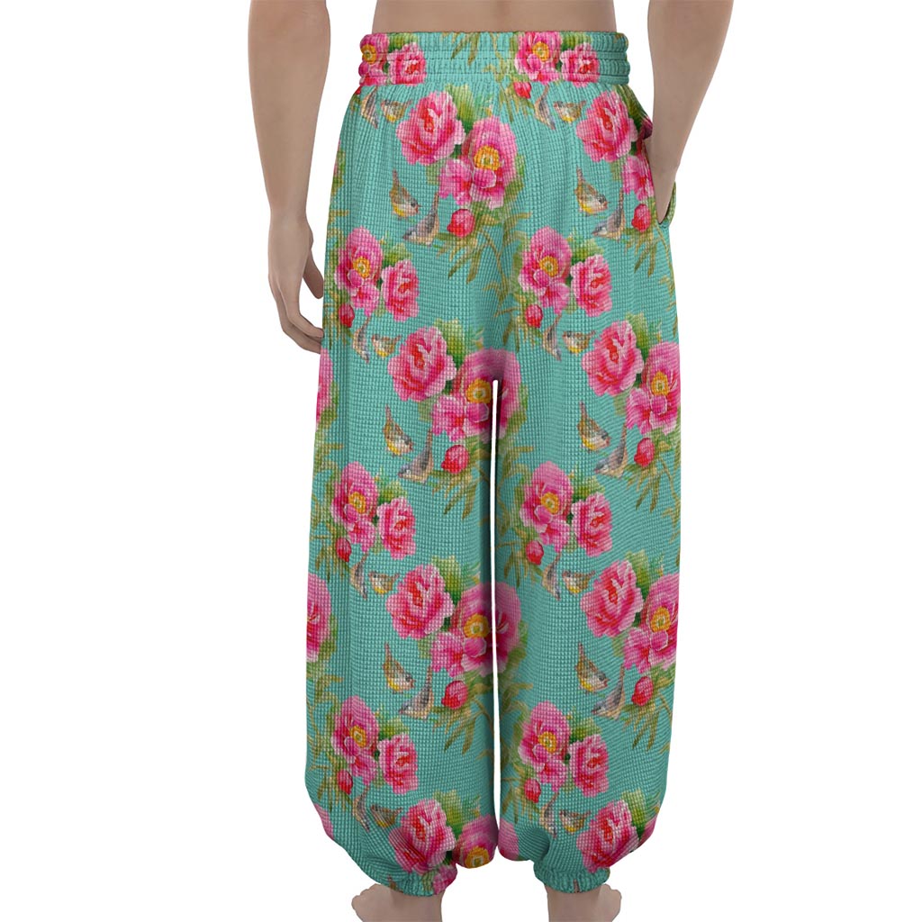 Bird Pink Floral Flower Pattern Print Lantern Pants