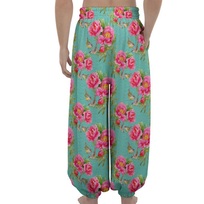 Bird Pink Floral Flower Pattern Print Lantern Pants