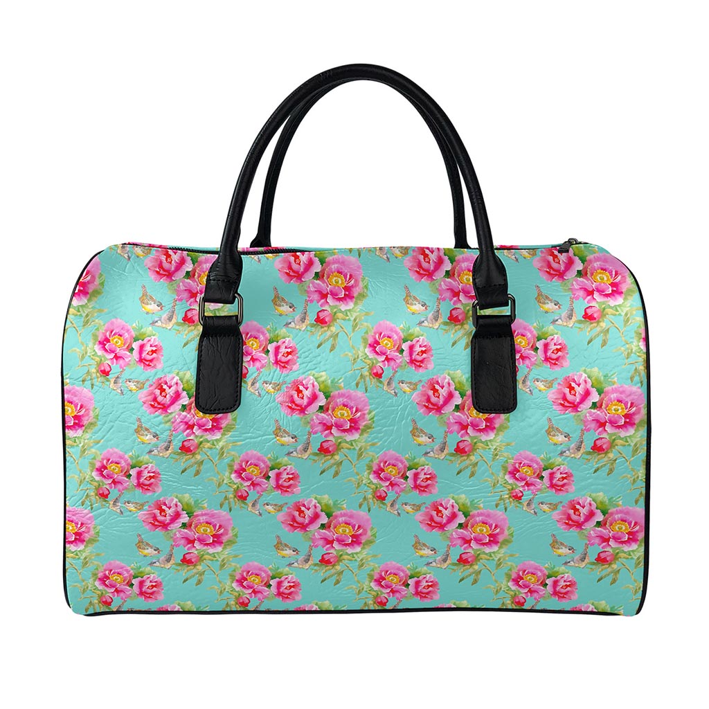 Bird Pink Floral Flower Pattern Print Leather Duffle Bag