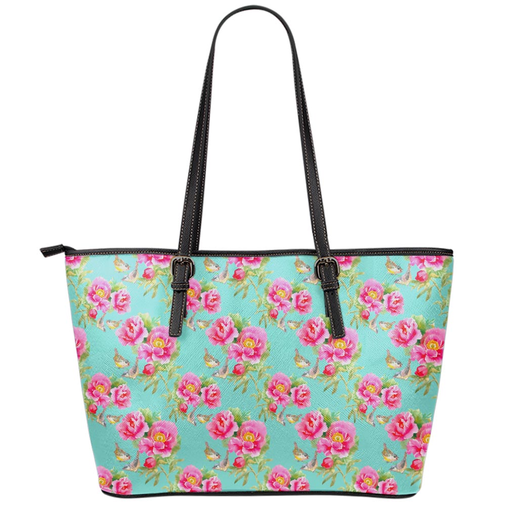 Bird Pink Floral Flower Pattern Print Leather Tote Bag