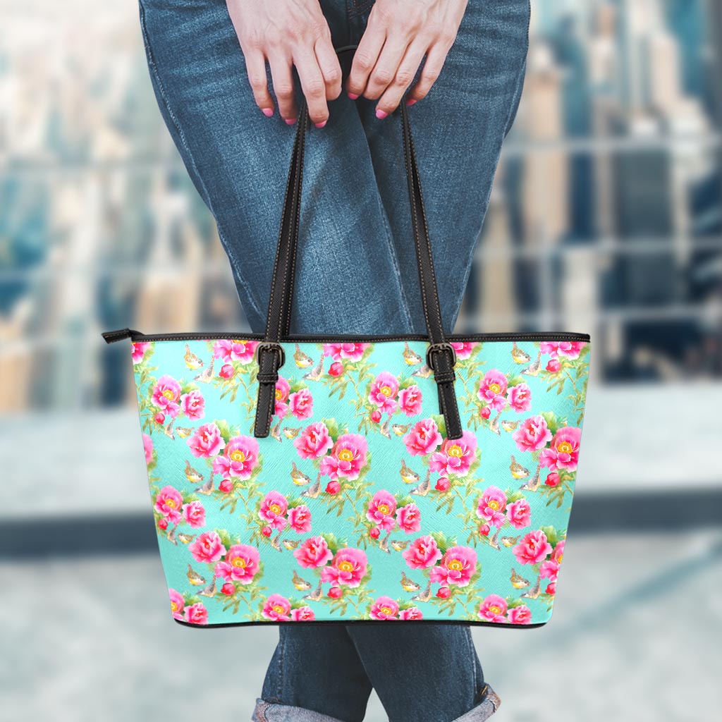 Bird Pink Floral Flower Pattern Print Leather Tote Bag