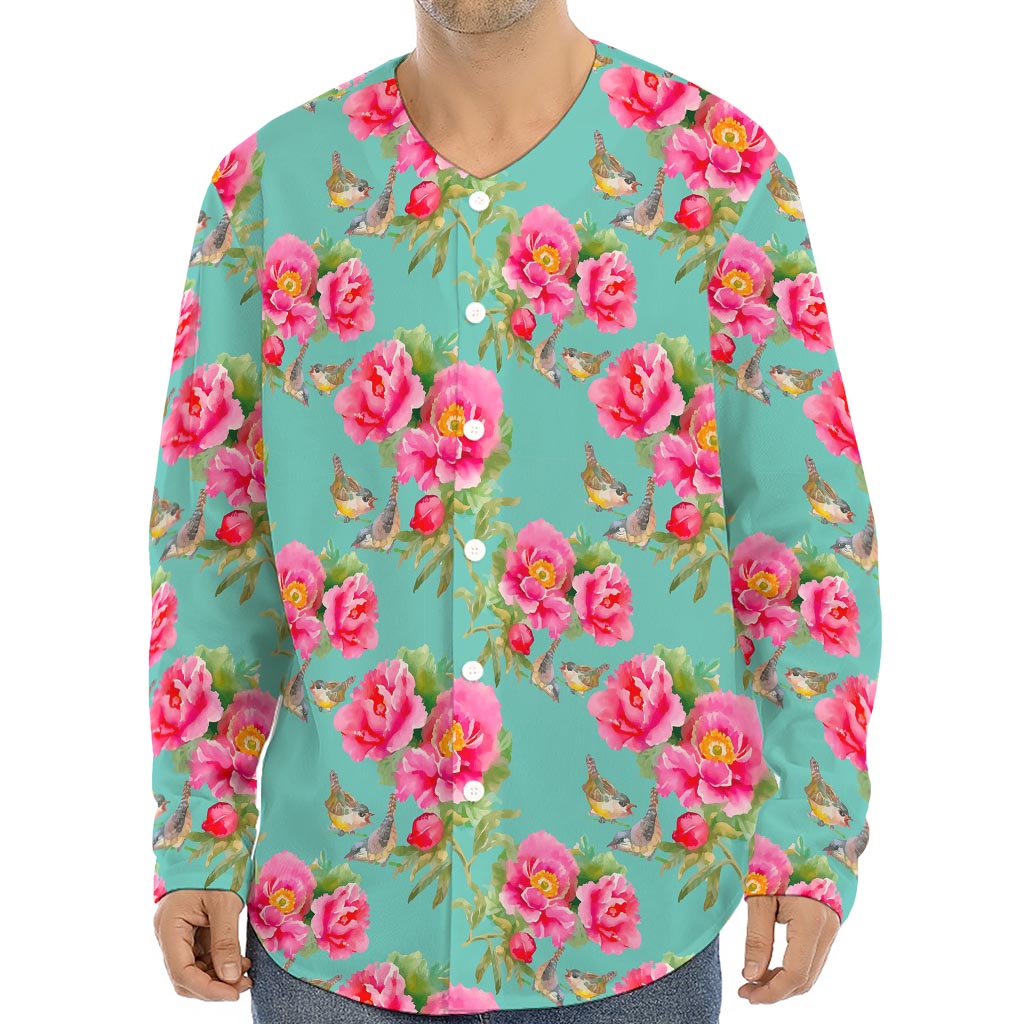 Bird Pink Floral Flower Pattern Print Long Sleeve Baseball Jersey
