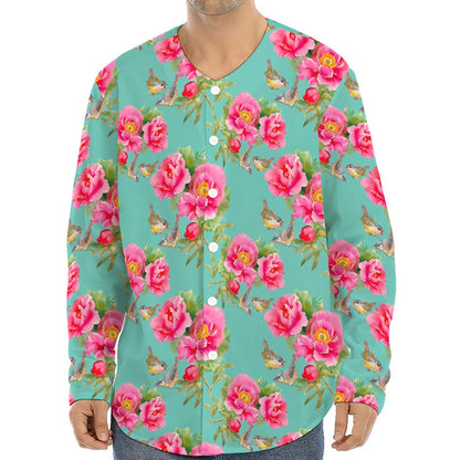 Bird Pink Floral Flower Pattern Print Long Sleeve Baseball Jersey