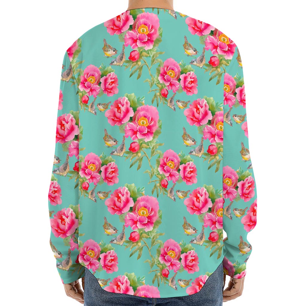 Bird Pink Floral Flower Pattern Print Long Sleeve Baseball Jersey